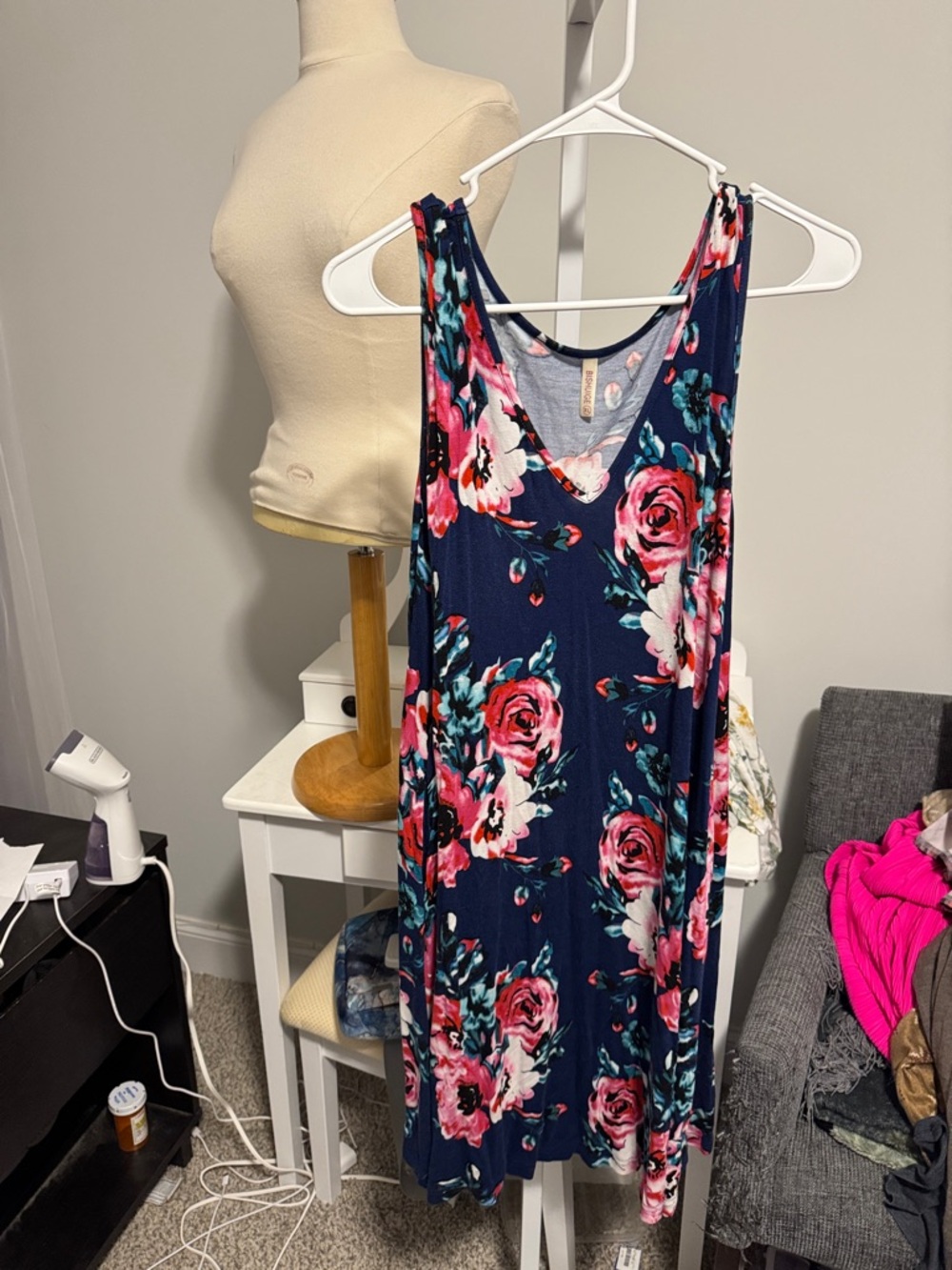 Navy Floral Midi Dress with Pink Rose Print